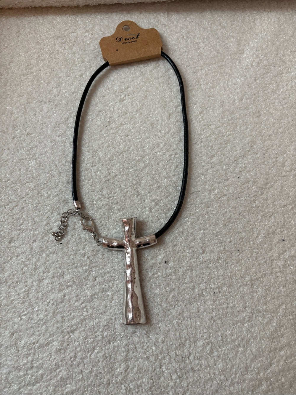 Silver Cross Pendant Choker Necklace in Black